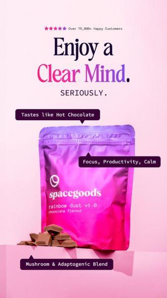 A vertical ad creative featuring a mushroom and adaptogenic supplement pouch with clear, callout-style benefits and a vibrant gradient background.